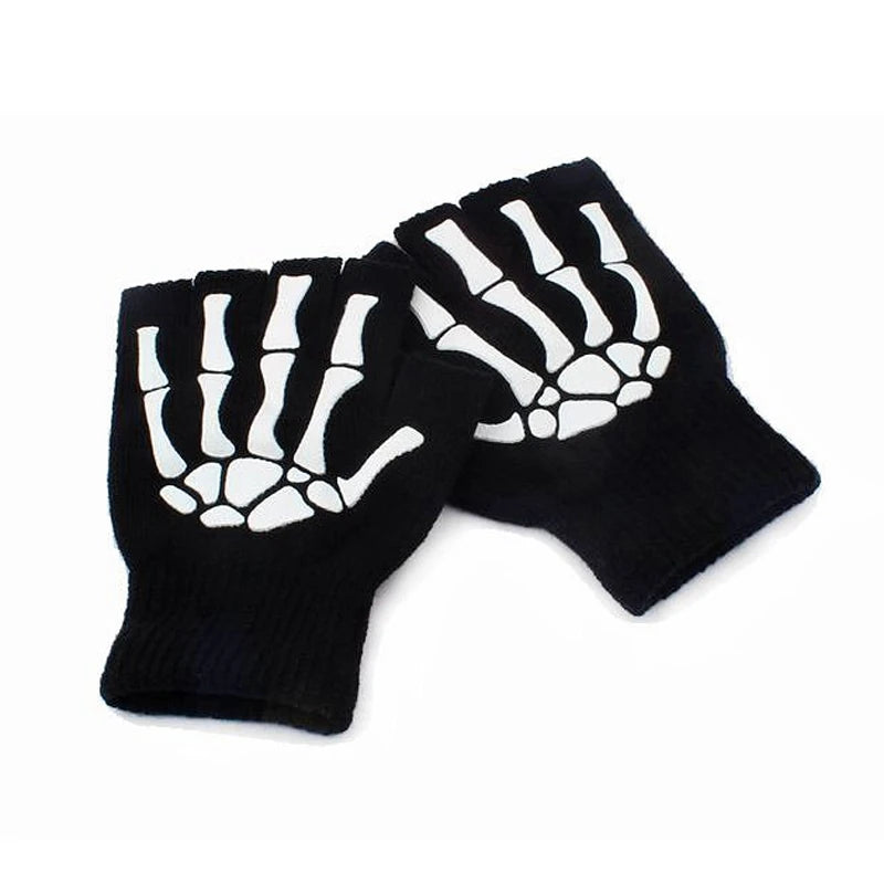 Punk Gloves Unisex Halloween Skeleton Skull Half Finger Glow Dark Qme black One Size