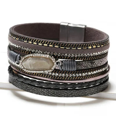 Ladies Natural Stone Leather Bracelet Fashion Bohemian Braided Rope Wide Multilayer Winding Bracelet Men's and Women's Jewelry Qme 3 20cm