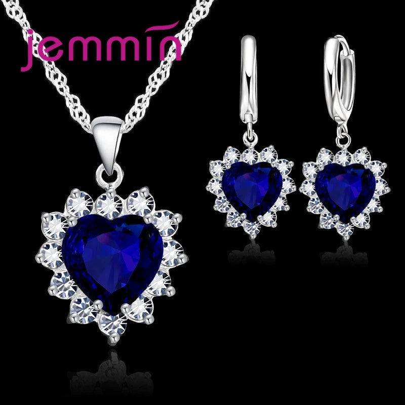 Top Sale Wding Engagement Anniversary Gift Jewelry Sets 925 Silver Color Stamped Heart Pendant Hoop Earrings for Women Girls Qme Royal Blue