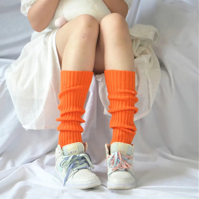 Sweet Girl Leg Warmers Wool Ball Knitted Foot Cover Women Autumn Qme Orange length-40cm