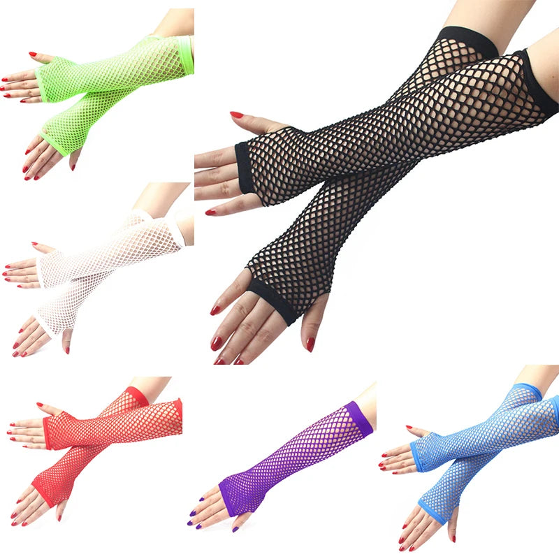 Women Fashion Neon Fishnet Fingerless Long Gloves Leg Arm Cuff Party Qme