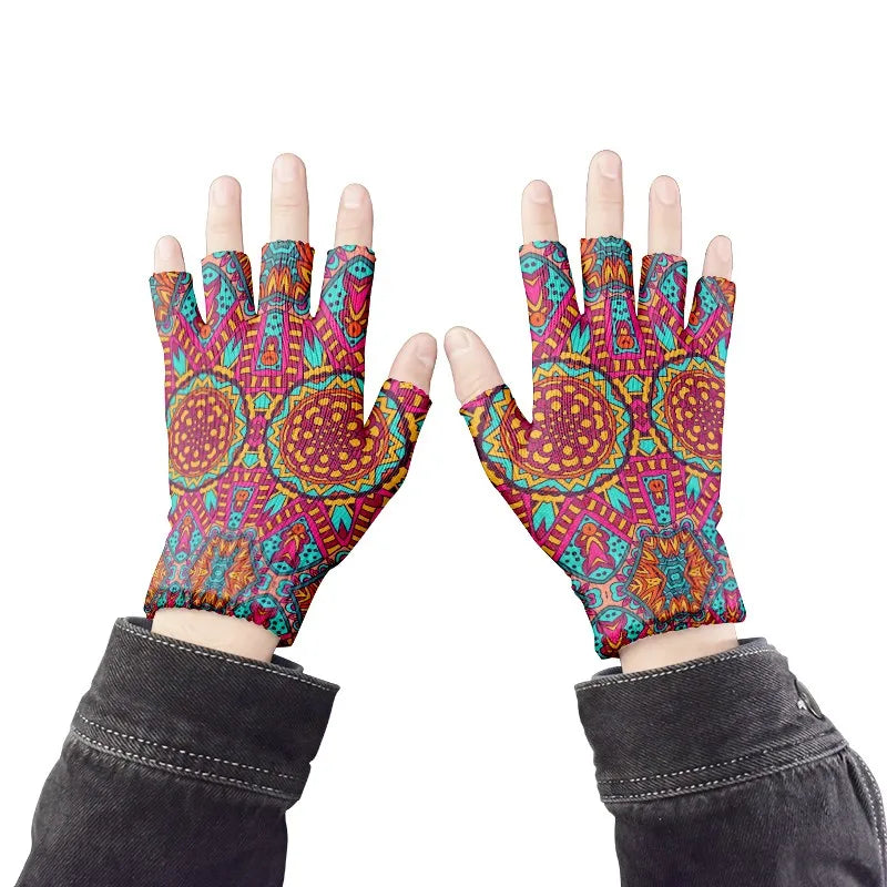 Stylish Simple Mandala Gloves Half Finger Sports Fingerless Knitted Qme