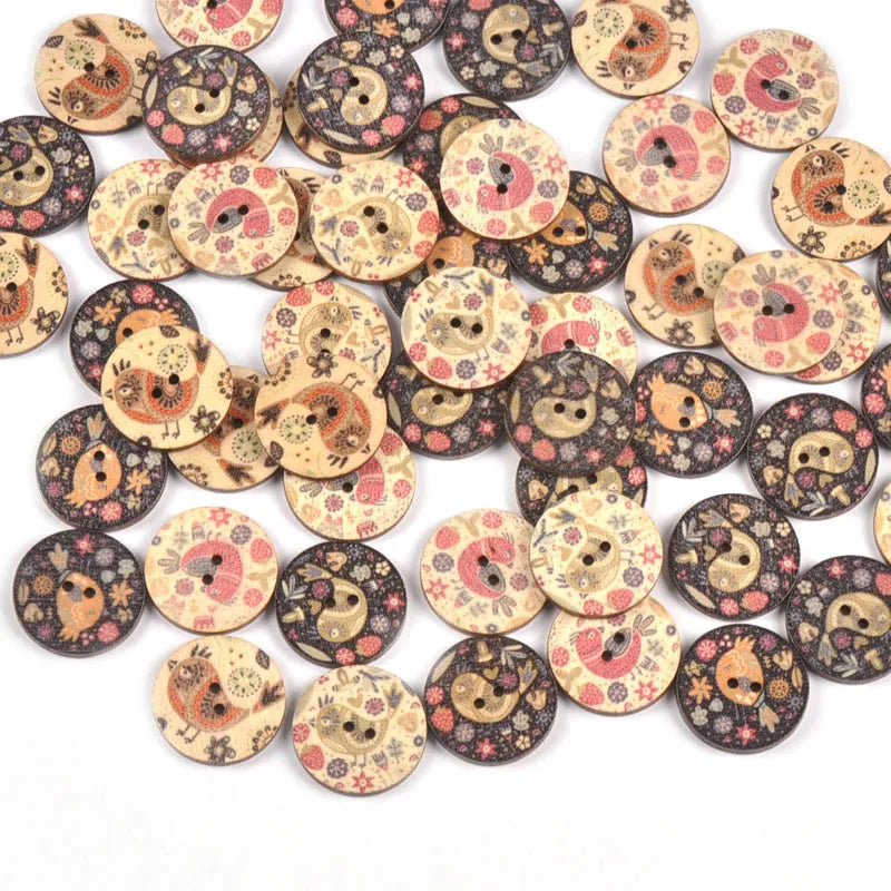 50Pcs Vintage Cute Bird Printed Wooden Buttons For Sewing Clothing Scrapbooking DIY Crafts Kids Garment Handmade Supplies c2909 Qme Default Title