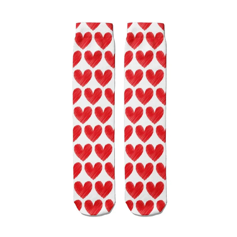 Women Nylon Long Socks 3D Print Cartoon Harajuku Heart Funny Tube Red Qme style9 One Size China Mainland