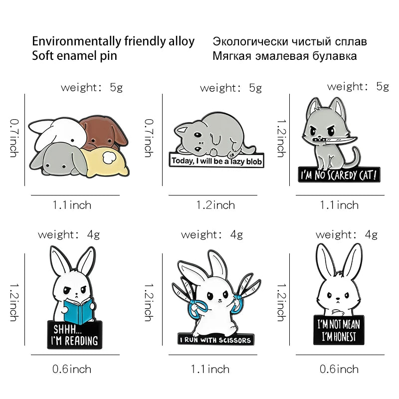 Cat Metal Brooches Kitty Dagger Scissors Book Badges Hat Bag Backpack Accessories Jewelry Bunny Rabbits Enamel Lapel Pins Qme