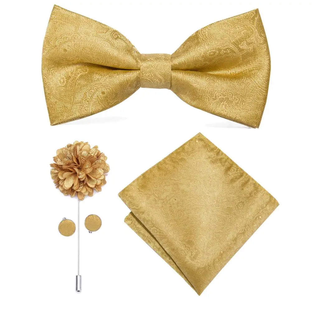 Hi-tie Silk Men's Bowtie Pocket Square Cufflinks Brooch Jacquard