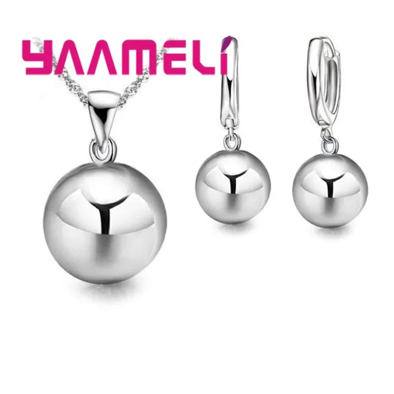 925 Silver Color Jewelry Sets for Women Female Wedding Party Smooth Ball Round Metal Stone Necklaces Earrings Anniversary Gift Qme