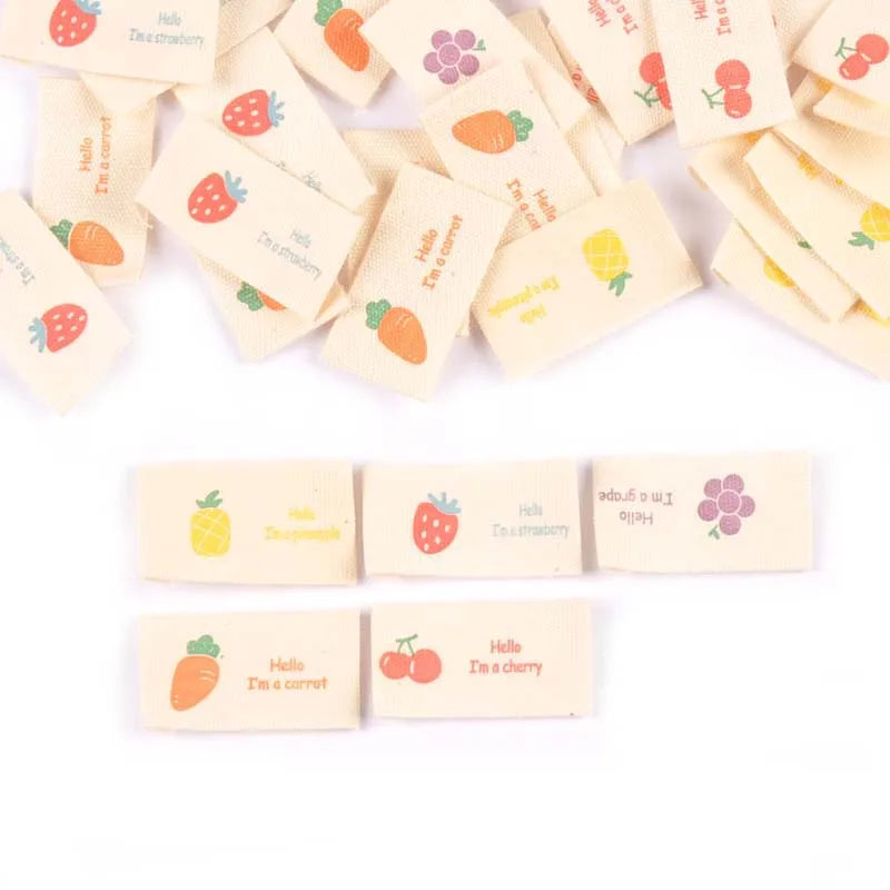 50Pcs Fruits Printed Cherry/Grape/Strawberry Labels Sewing Accessories Washable Care Bags Clothes Handmade Crafts Garment Tags Qme