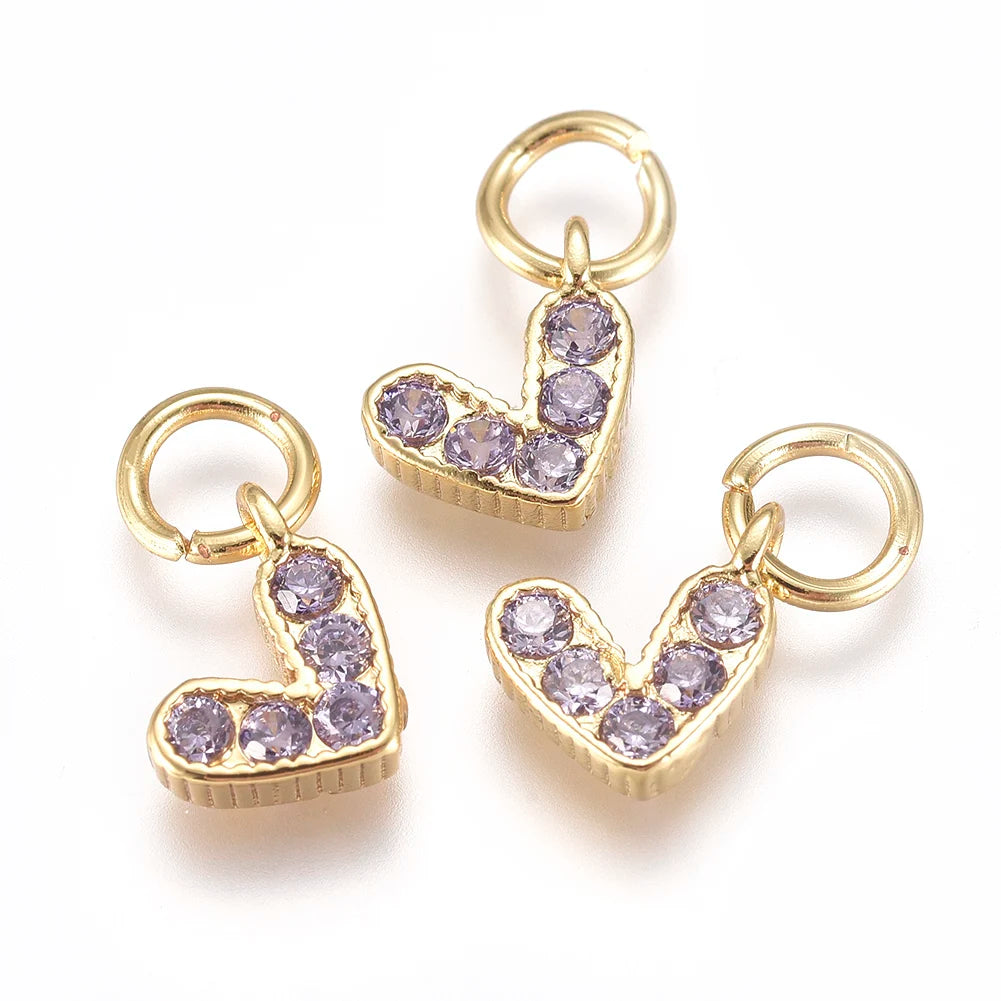 PandaHall 20Pcs Heart Brass Micro Pave Cubic Zirconia Charms with Jump Ring for Jewelry Making DIY Earrings Necklace Accessories Qme Lilac
