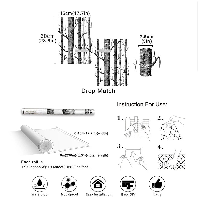 Birch Forest Self-adhesive 3D Wallpaper Living Room Bedroom Wall Qme