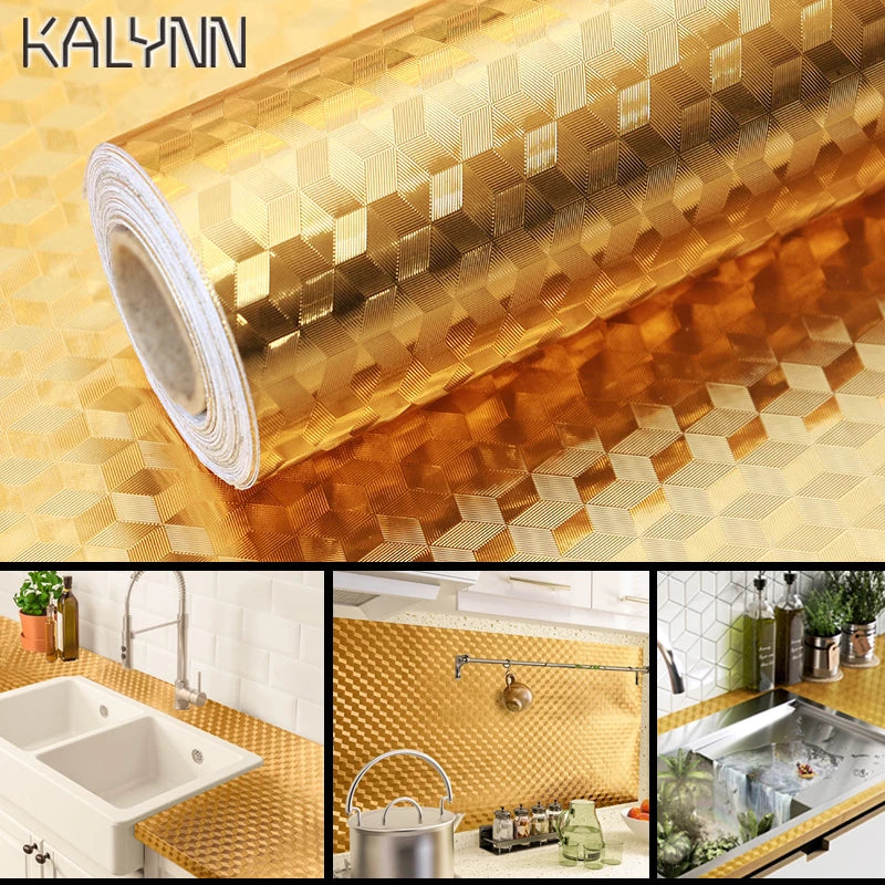 Gold Self Adhesive Wallpaper Metal Look Kitchen Oil Waterproof Qme