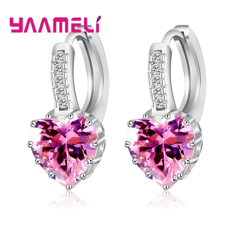 Big Sale 925 Sterling Silver Color Loop Hoop Earrings Candy Color Cubic Zircon Charms Women Jewelry Wedding Accessory Brincos Qme Pink heart