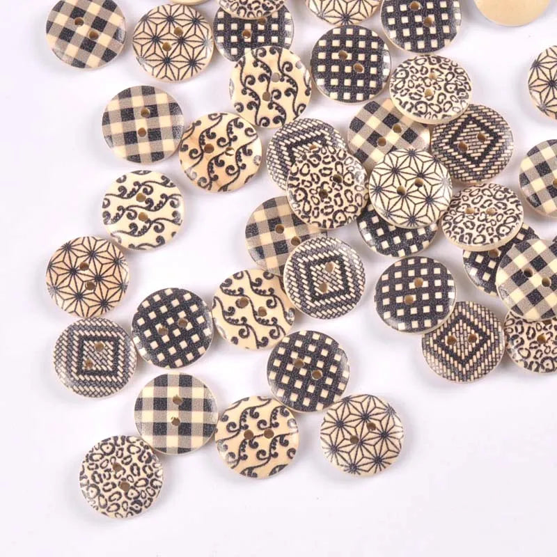 18mm 50Pcs Random Mix Printing Wooden Buttons Sewing Accessories DIY Clothes Handmade Crafts Scrapbooking Home Decor m2643 Qme