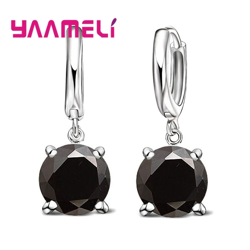 Real 925 Pure Sterling Silver Plated Dangle Earrings CZ Crystal Big Round Earwires for Women Girls Gift Fashion Wedding Jewelry Qme Black