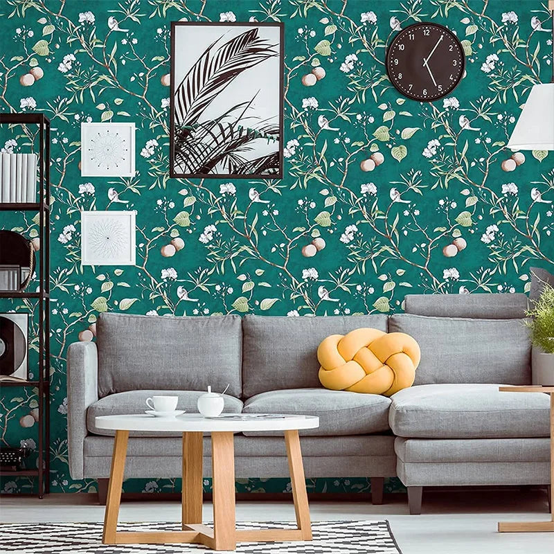 Green Floral Peel Stick Wallpaper Vintage Vinyl Stickers Flower&bird Qme