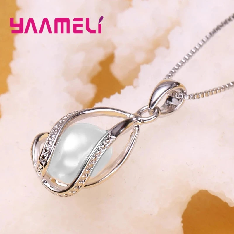 Elegant Gift Jewelry Sets for Women Female 925 Sterling Silver Color Rotating Freshwater Pearl Pendant Necklace Huggie Earrings Qme
