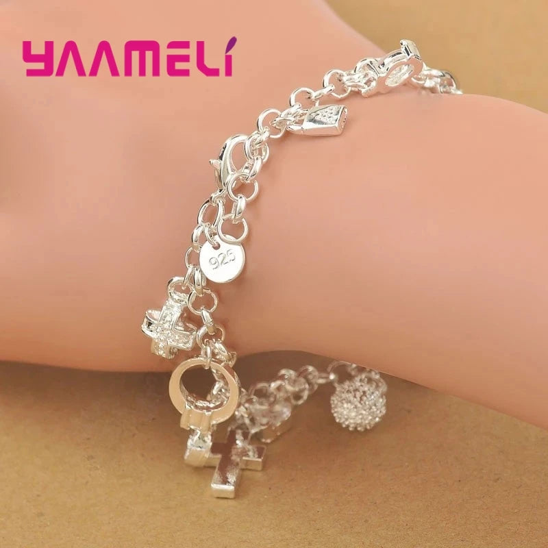 Top Quality 925 Sterling Silver Color Bracelet Nice Moon Heart Clock Ball Cube Star Charms Jewelry for Women Girls Qme