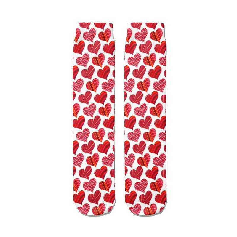Women Nylon Long Socks 3D Print Cartoon Harajuku Heart Funny Tube Red Qme style10 One Size China Mainland