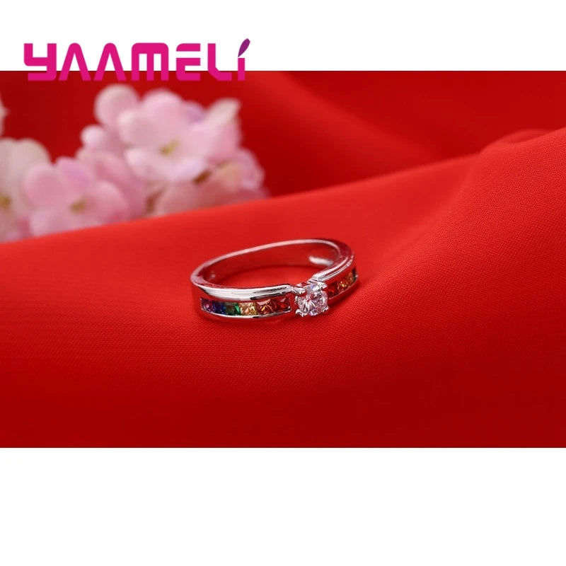 Real 100% 925 Sterling Silver Color Rainbow Cubic Zircon Rings For Women Wedding Lovely Engagement Proposal Ring Accessory Qme
