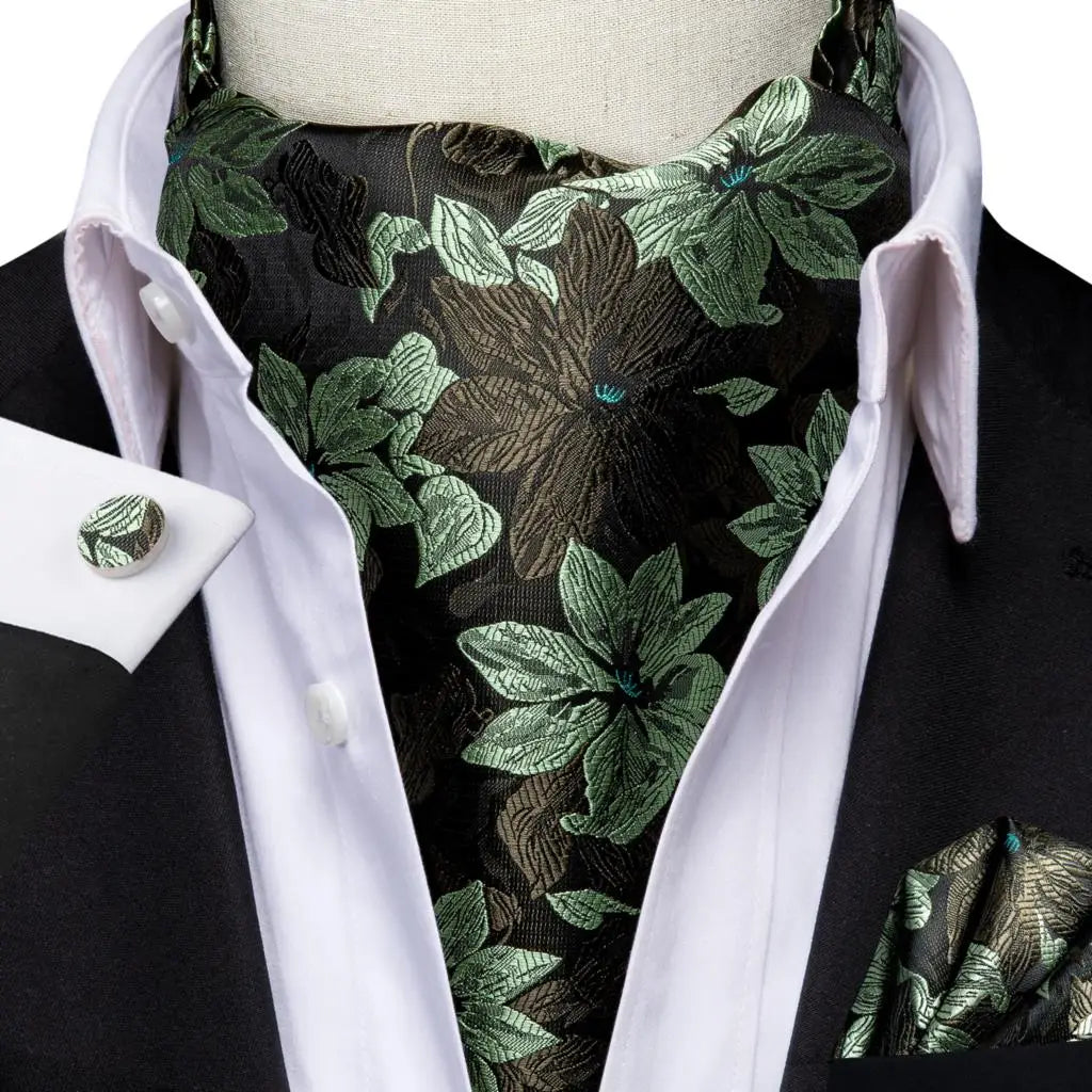Hi-tie Silk Men's Ascot Pocket Square Cufflinks Jacquard Floral