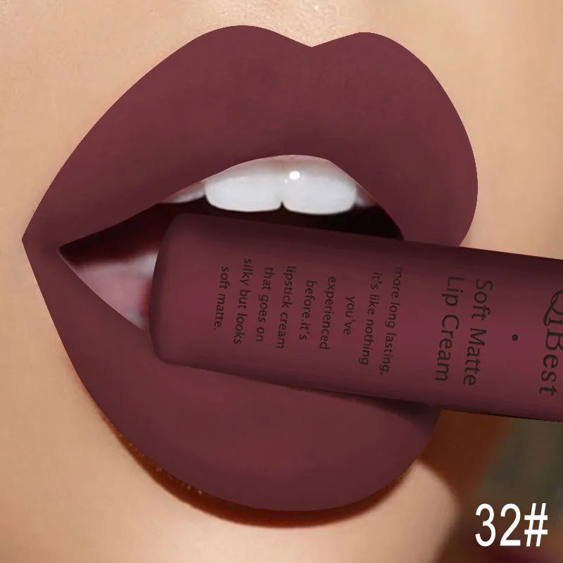 QIBEST Hots Matte Velvet Lip Glaze Moisturizing Lasting Non-stick Cup Lipgloss Not Easy To Fade Lip Stain Waterproof Makeup Qme 32