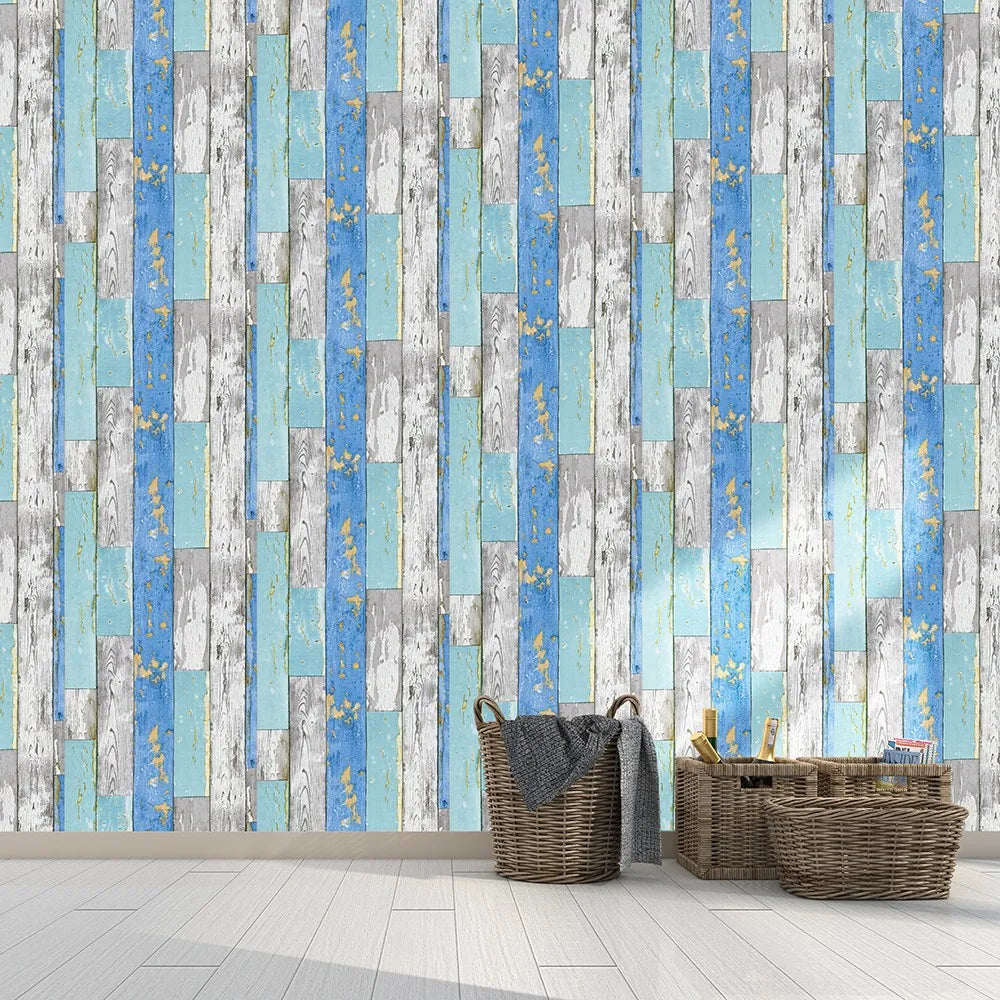 Blue Wood Vinyl Self Adhesive Wallpaper Living Room Bedroom Furniture Qme