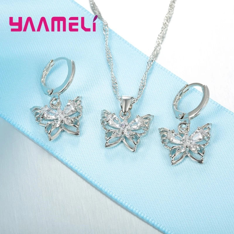 New Fashion 925 Sterling Silver Color Jewelry Sets Shining Austrian Crystal Inlaid Butterfly Wedding Pendant Necklace Earrings Qme