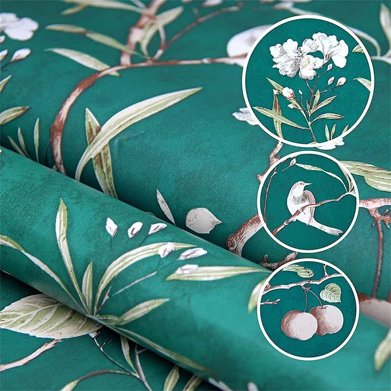 Green Floral Peel Stick Wallpaper Vintage Vinyl Stickers Flower&bird Qme