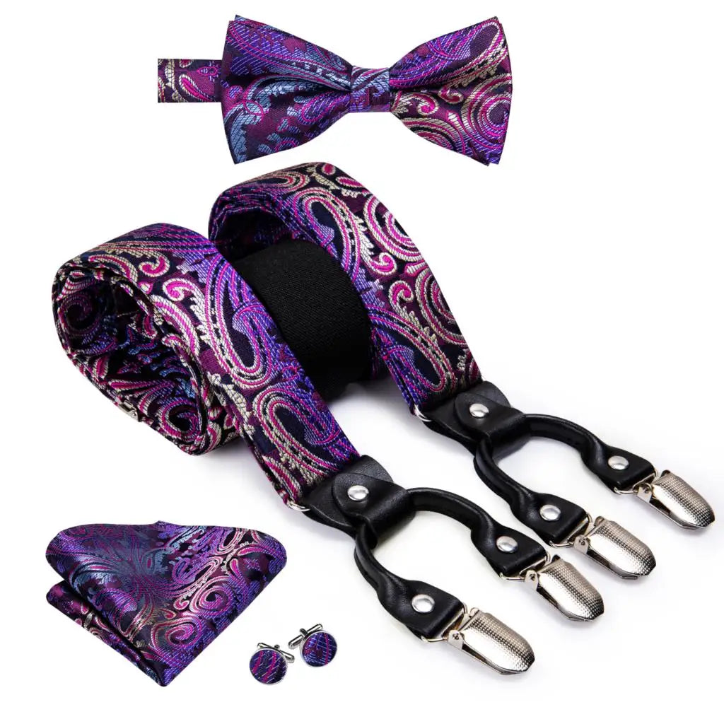 Hi-tie Silk Men's Suspender Metal 6 Clips Braces Bow Tie Hankerchief