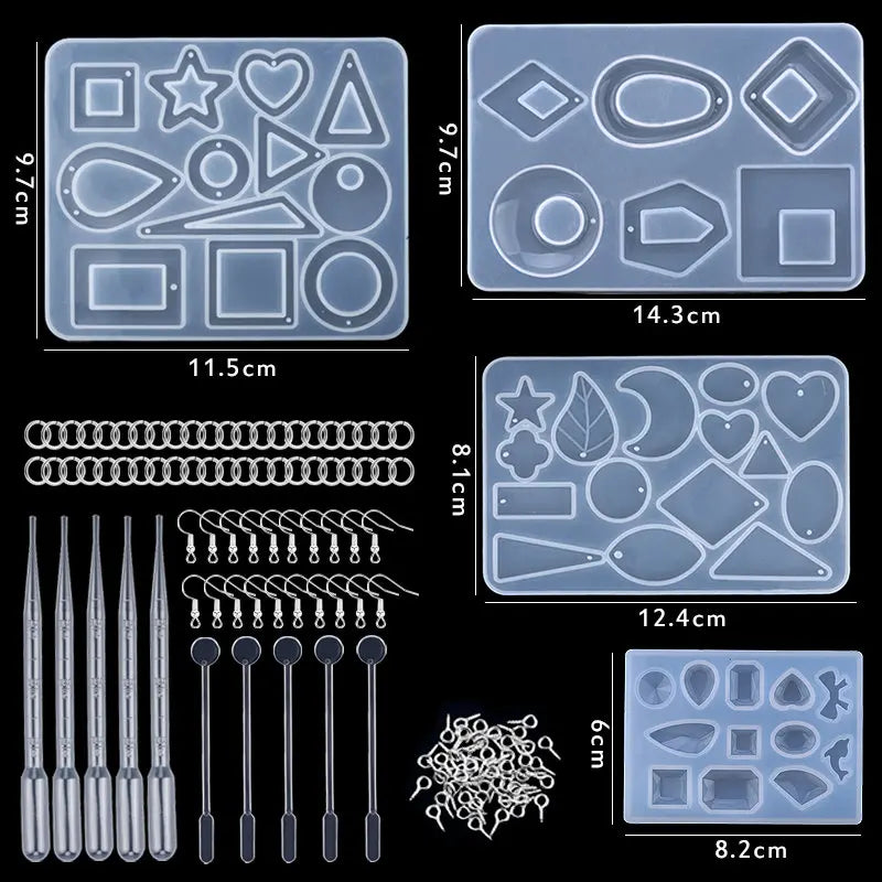 Epoxy Silicone Mold Set Jewelry Casting Mold Kit with Hand Drill, Glitter Sequins and Tools for Pendant Earring Keychain Making Qme 14