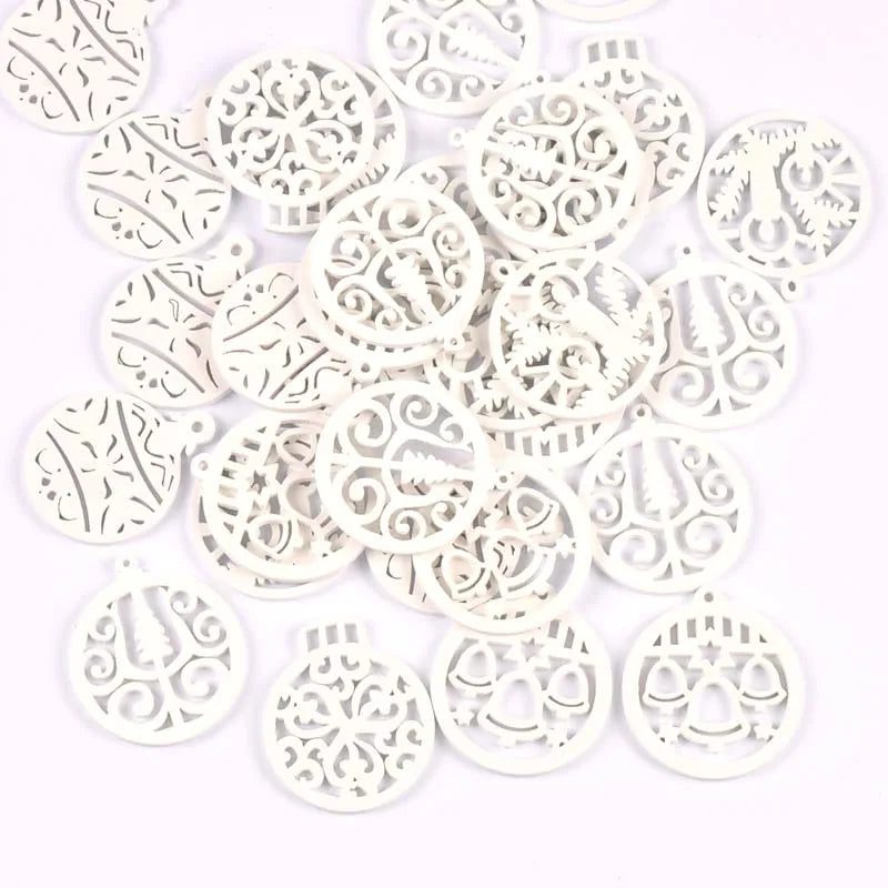 10pcs 32-35mm white Carved Christmas Ball Wood DIY Christmas Tree Ornament Wooden Scrapbooking Decoration Ornament m2263 Qme