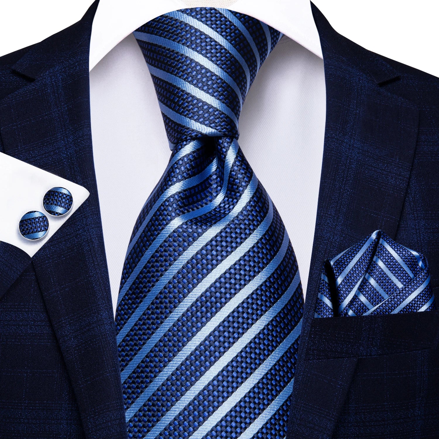 Hi-tie Light Blue Striped Novelty Wedding Tie Men Handky Cufflinks