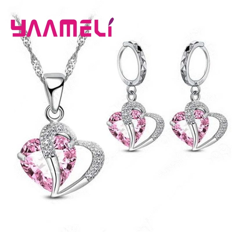 Bridal Jewelry Set Heart CZ Crystal 925 Sterling Silver Color Pendant Necklace Earrings for Women Wedding Anniversary Gifts Qme