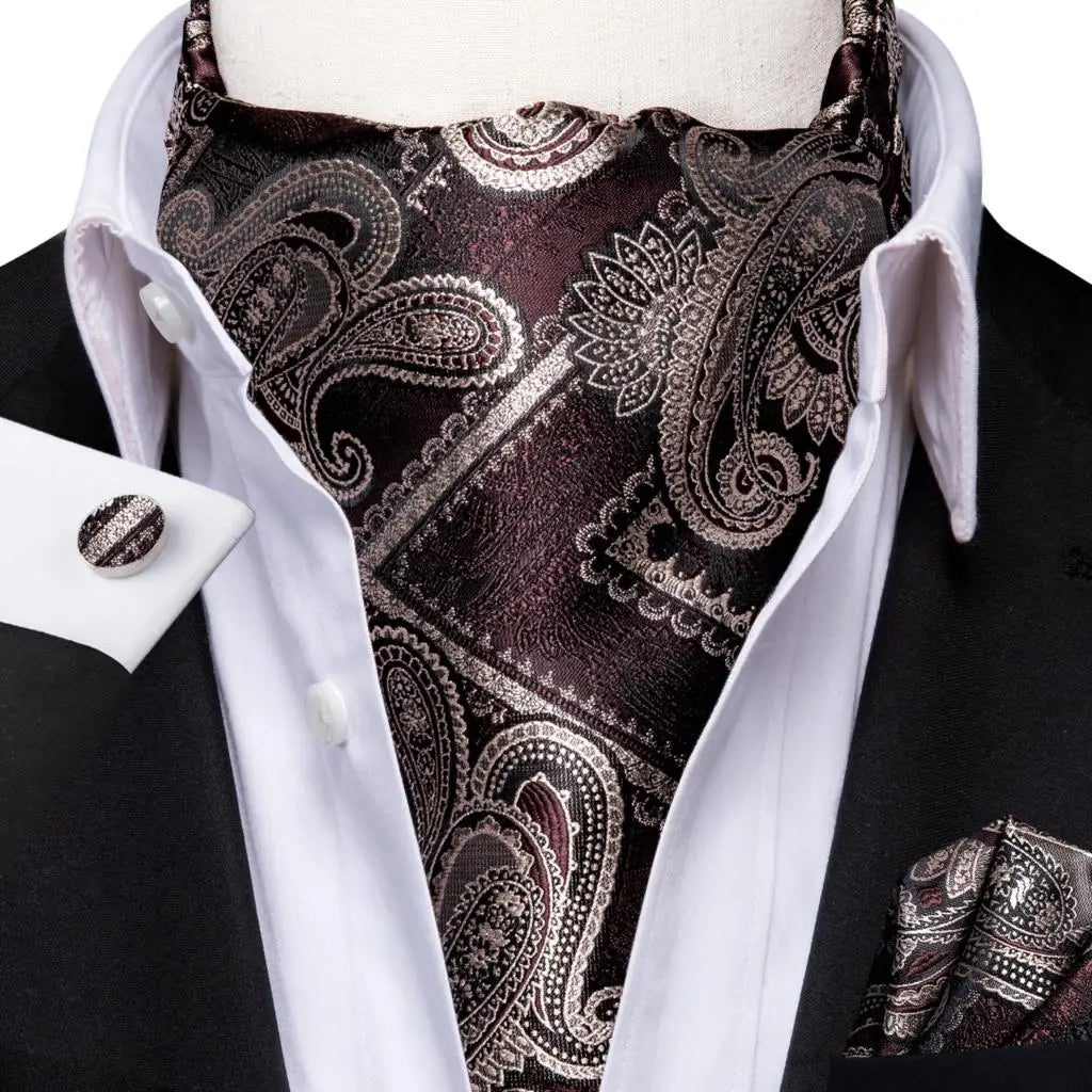 Hi-tie Silk Men's Ascot Pocket Square Cufflinks Jacquard Floral Qme AS-1053