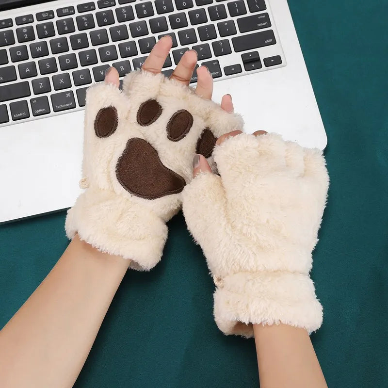 New Winter Gloves Women Bear Plush Cat Paw Claw Gloves Cute Kitten Fingerless Mittens Christmas Halloween for Girls Gift Gloves Qme Beige One Size