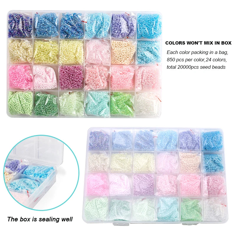 20000pcs Jewelry Making Kit Seed Beads Set 2mm Glass Beads Set Bracelets Necklace Ring Making Seedbeads Kit For DIY Art Craft Qme