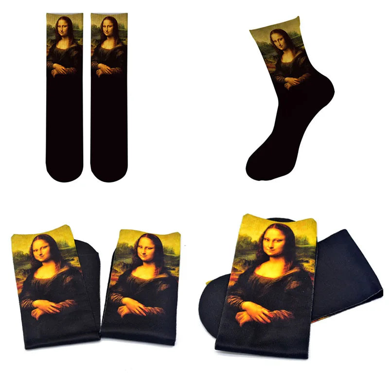 Retro Mona Lisa Sunflower Socks Men's Women Oil Painting Unisex Qme