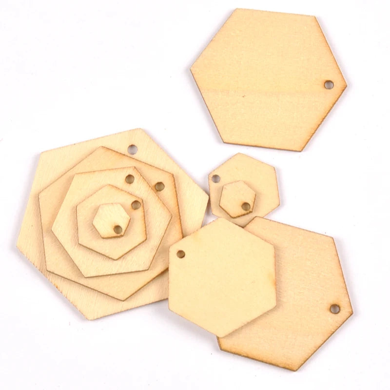 Mix Round Shape Natural Wooden Ornament For Scrapbooking DIY Wood Carfts One Hole Handmade Accessory Home Decoration m2149 Qme Hexagon 60mm 10pcs