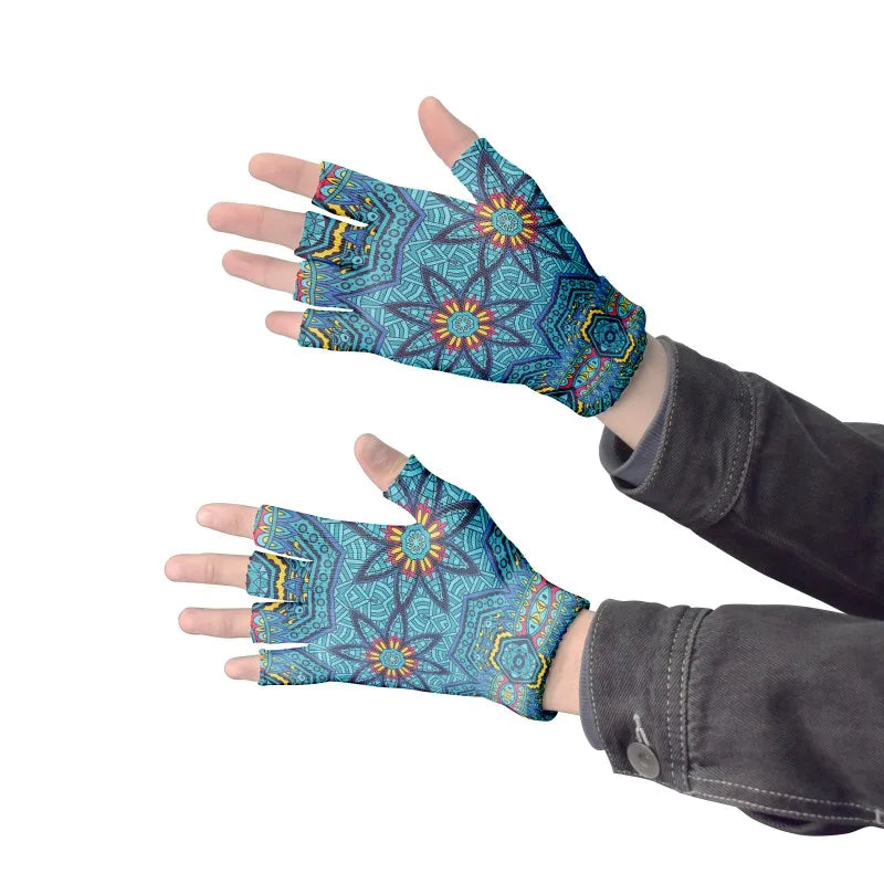 Stylish Simple Mandala Gloves Half Finger Sports Fingerless Knitted Qme