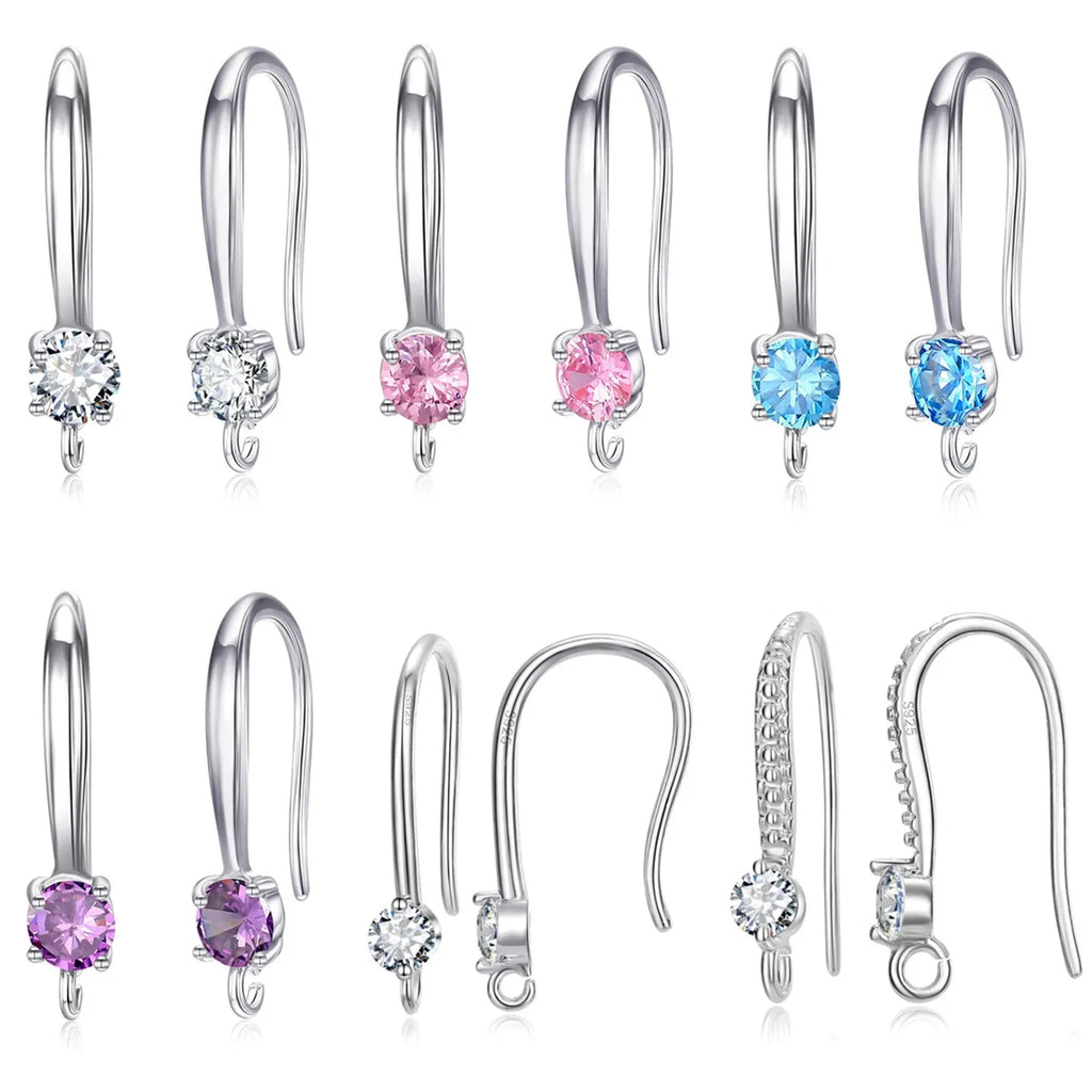 Authentic 925 Sterling Silver Stamp S925 Hook Earrings White Pink Blue Purple Cubic Zircon Ear Jewelry Accessories Findings Qme