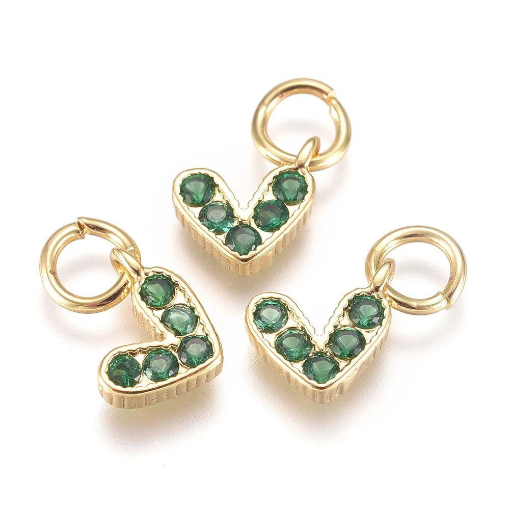 PandaHall 20Pcs Heart Brass Micro Pave Cubic Zirconia Charms with Jump Ring for Jewelry Making DIY Earrings Necklace Accessories Qme Green