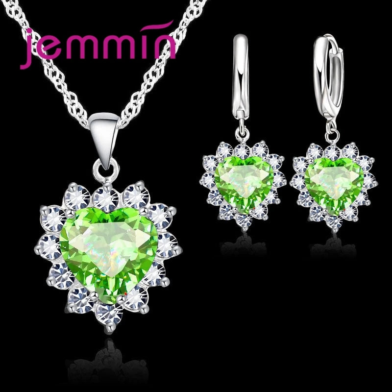 Top Sale Wding Engagement Anniversary Gift Jewelry Sets 925 Silver Color Stamped Heart Pendant Hoop Earrings for Women Girls Qme Light Green