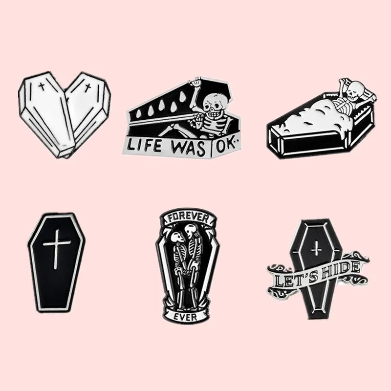 Gothic Dark Coffin Punk Enamel Pins Black Humor Brooches Badges Backpack Denim Shirt Lapel Pin Punk Dead Jewelry Gift Wholesale Qme