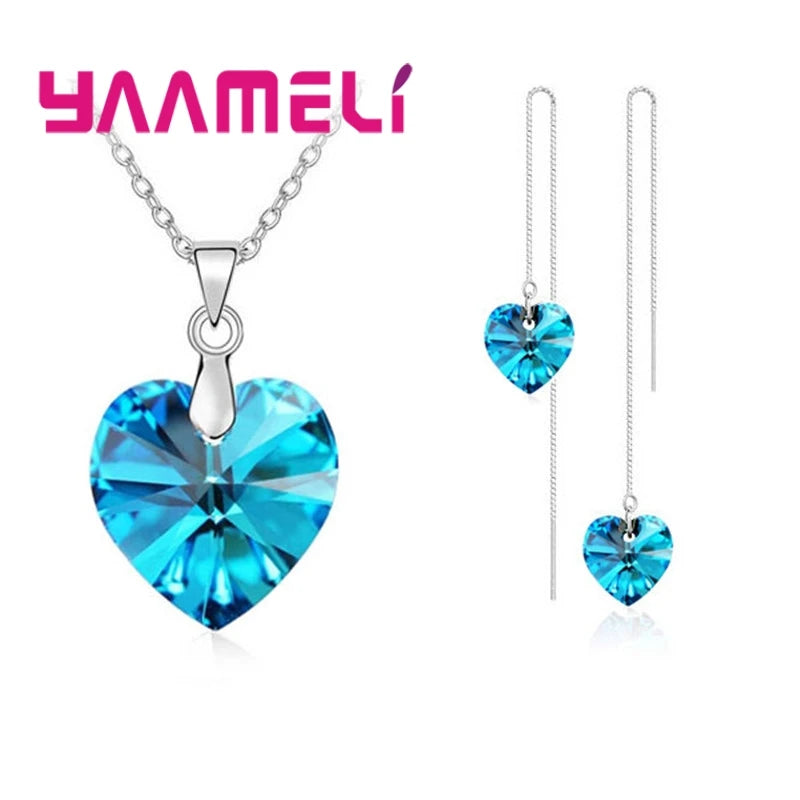 Love Heart Shape Women 925 Sterling Silver Color Bridal Jewelry Set For Wedding Fashion Crystal Pendants Necklaces Earring Set Qme Thread Sky blue