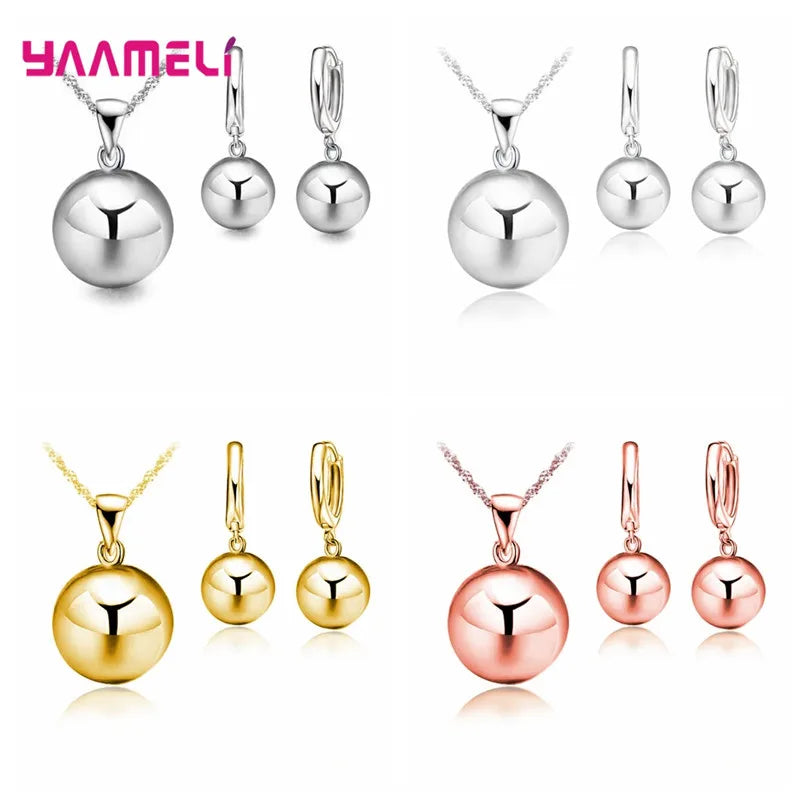 925 Silver Color Jewelry Sets for Women Female Wedding Party Smooth Ball Round Metal Stone Necklaces Earrings Anniversary Gift Qme