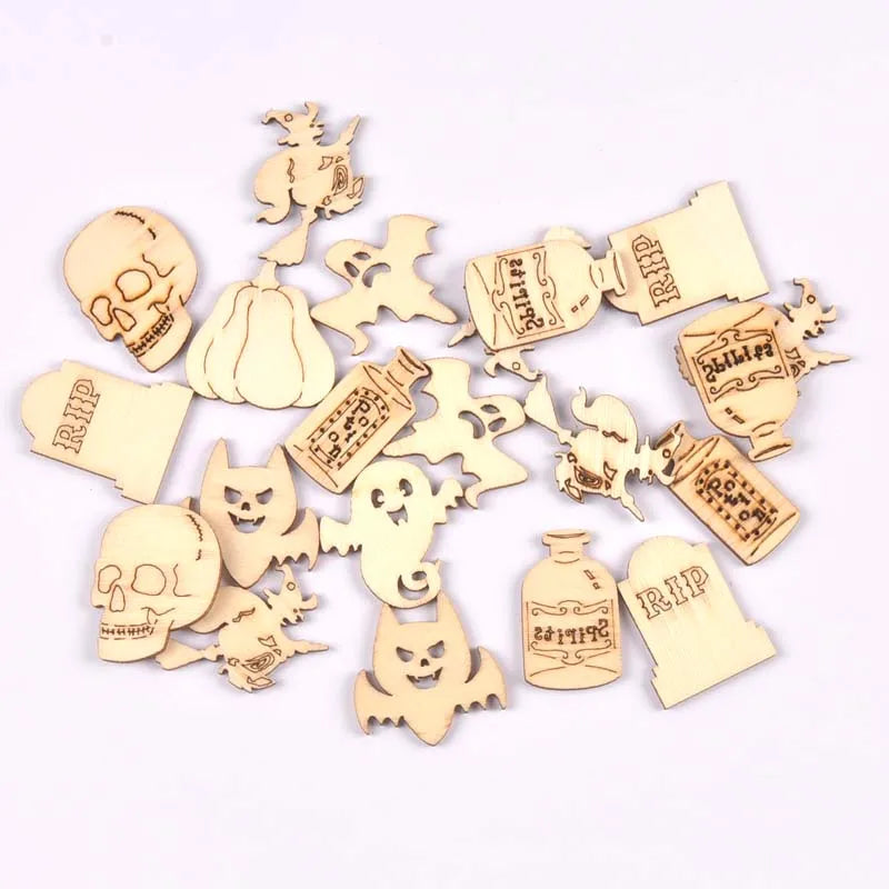 50Pcs Halloween Skull/pumpkin Wood Slices DIY Crafts Supplies Wooden Embellishments Handmade Scrapbooking Party Home Decor m2717 Qme 1