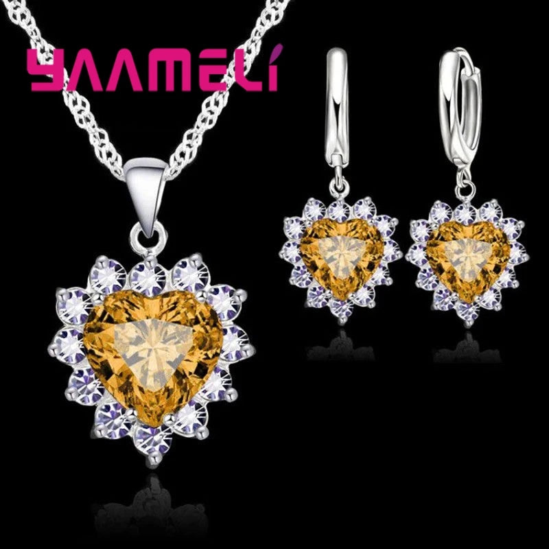 Trendy Jewelry Set for Women 925 Sterling Silver Color Heart CZ Stone Charm Pendants Necklaces Earrings LOVE Anniversary Gift Qme Champagne