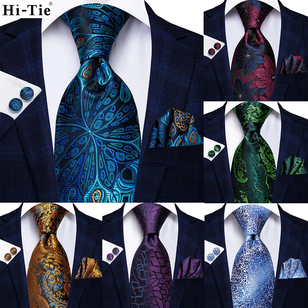 Jacquard Peacock Blue Novelty Design Wedding Tie Men Hanky Cufflinks Qme