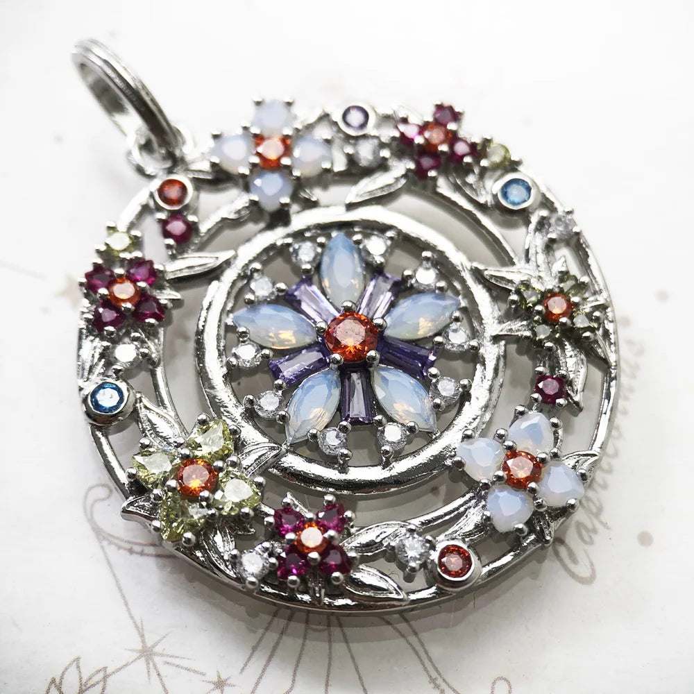 Pendant Colourful Stones Flowers Amulet Brand Fine Jewelry Europe 925 Sterling Silver Bohemia Gift For Woman Qme
