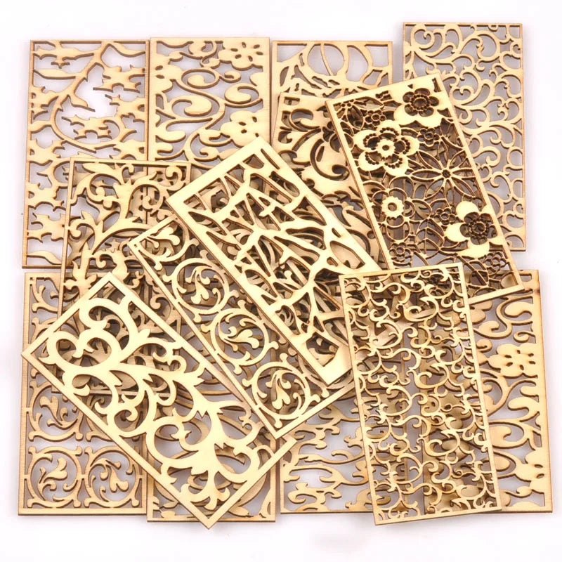 5Pcs/lot Natural Wood Decoration For DIY Scrapbook Crafts Hollow Rectangle Wooden Handmade Ornaments Home Embellishment m2559 Qme mix